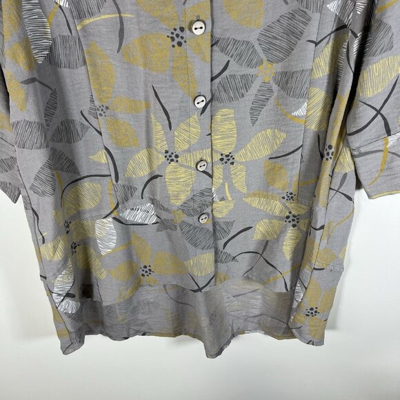 Habitat Top Womens M Gray Yellow Floral Toggle Buttons Tunic Gauzy Lagenlook - Picture 3 of 9